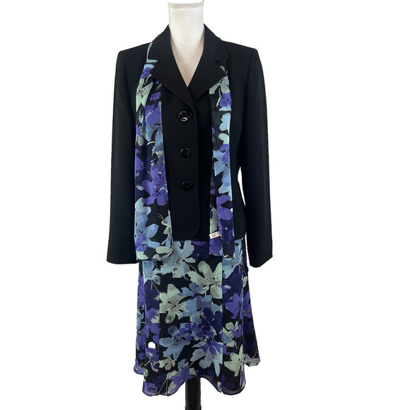 Suit Studio 3pc Skirt Suit size 8 Blazer Skirt Scarf Black Purple Floral Knee - Picture 1 of 11